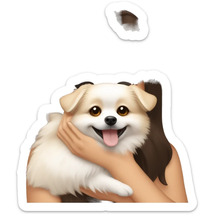 beige and white Pomeranian in the hands of a white young woman with dark brown hair smiling and cuddling the dog  sticker
