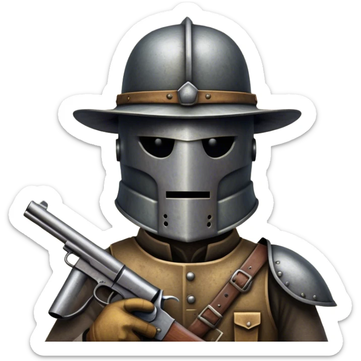 Cinematic Realistic Ned Kelly Portrait Emoji, depicted as the legendary Australian bushranger in his iconic homemade iron helmet and armor, gripping a revolver with a defiant stance. The scene is rendered with gritty textures and dramatic, shadowed lighting, evoking the lawless frontier and his rebellious, fearless legacy. sticker