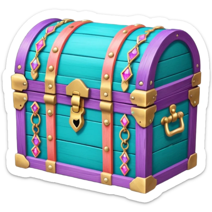 wooden treasure chest filled with coins pack in gradient of turquoise, blue, pink, purple, and coral color and jewels sticker