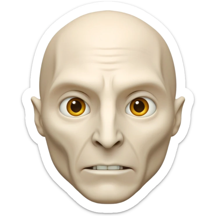 3D emoji of Lord Voldemort's face with pale skin, no nose (flat snake-like nostrils), sharp cheekbones, and intense eyes in glossy emoji style. sticker