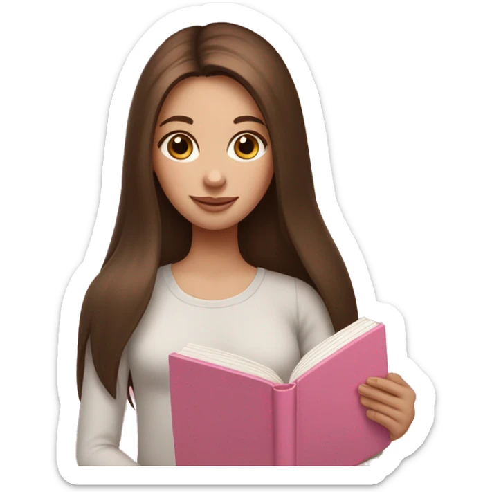 fair-skinned girl with long and straight brown hair holding a baby-pink-colored book sticker