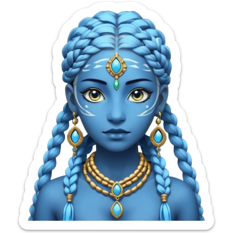 Illustrate a Pandora-style female avatar with radiant blue skin, intricate facial markings, twin braids flowing down, and deep luminous eyes. She wears golden earrings and a tribal rope necklace with a gem, her calm yet powerful gaze reflecting the spirit of the Na’vi. sticker