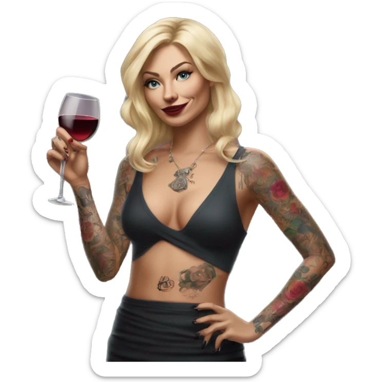 Blonde elegant women, her body covered with tattoos, wine in her one hand, pointing on myself with her other hand , Hyper realistic sticker