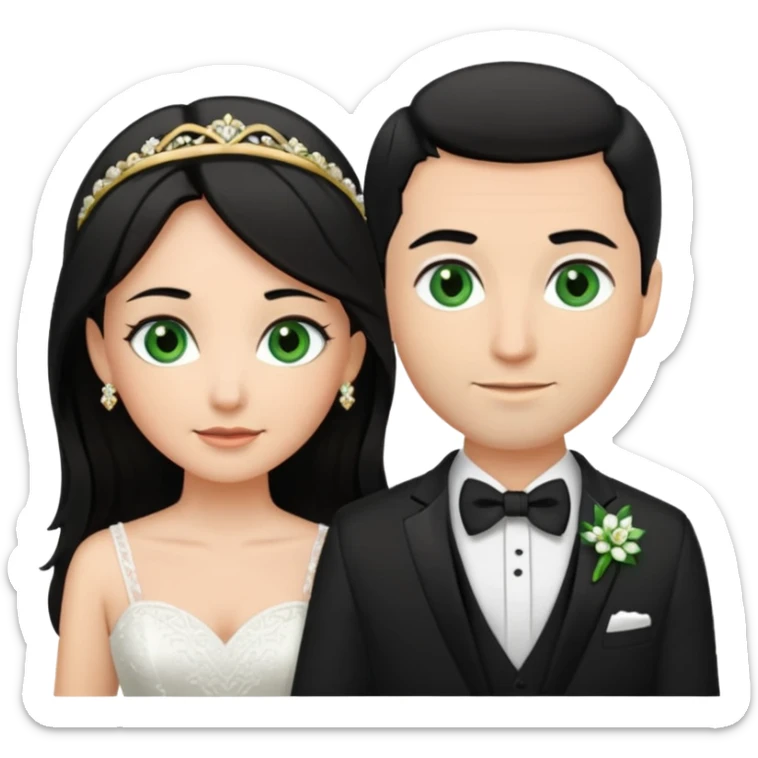 Bride has Black hair and medium brown eyes. Groom has green eyes and brown hair. White gold wedding bands sticker