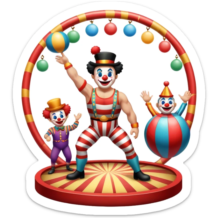 Icon for Circus Arts: a vibrant round circus arena with a strongman in a striped costume,  juggler and a clown performing. The icon should convey the excitement and fun of circus performances, with focus on the performers and the colorful setting. Transparent background. sticker