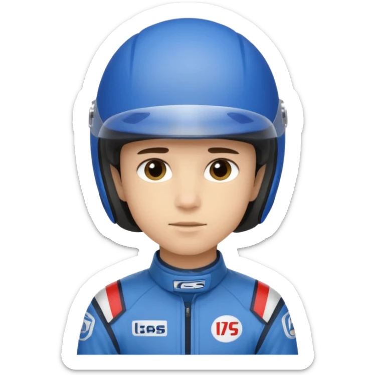 A light-skinned boy with short dark hair, wearing a blue racing helmet and an oval face with a neutral look. sticker