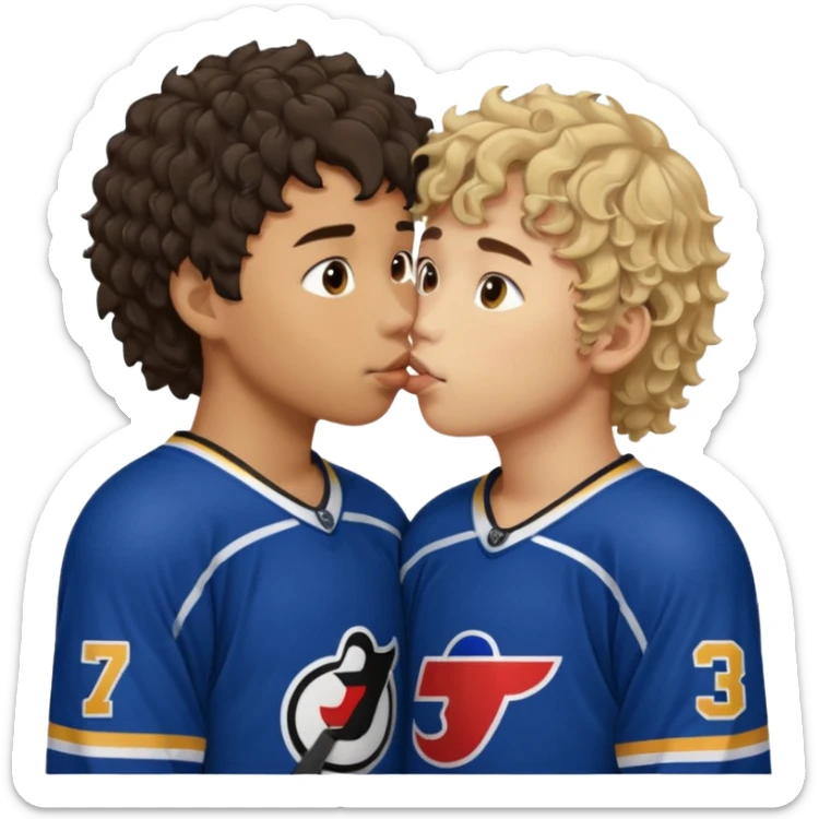 Asian Straight Dark hair boy hockey player kissing curly hair dirty blonde hockey player boy sticker