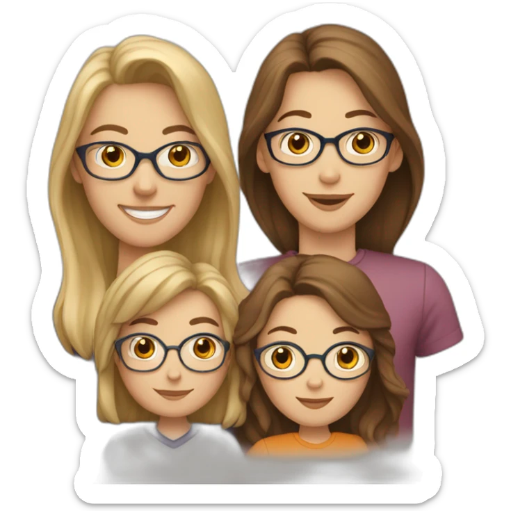 White family of 4, 1 mom with brown hair, 1 big boy with Brown hair, 2 girls with glasses and long blond hair sticker