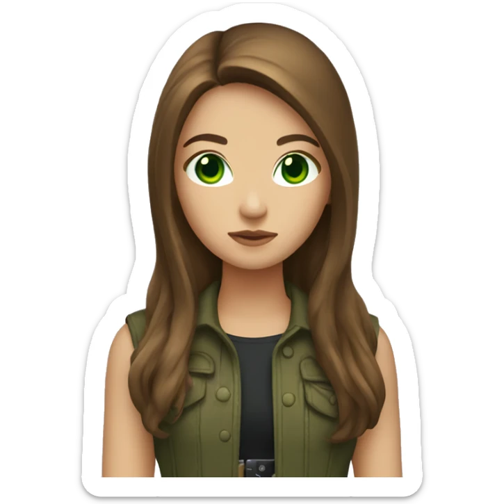  girl with long brown hair green eyes with gun sticker