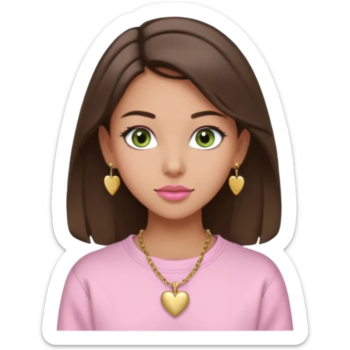 Create a teen girl wearing a light pink sweatshirt. She will have brunette hair, tan skin, pink lips, and grey-green eyes. She has long eyelashes. She is wearing gold stud earrings and a gold necklace with a heart-shaped pendant. sticker