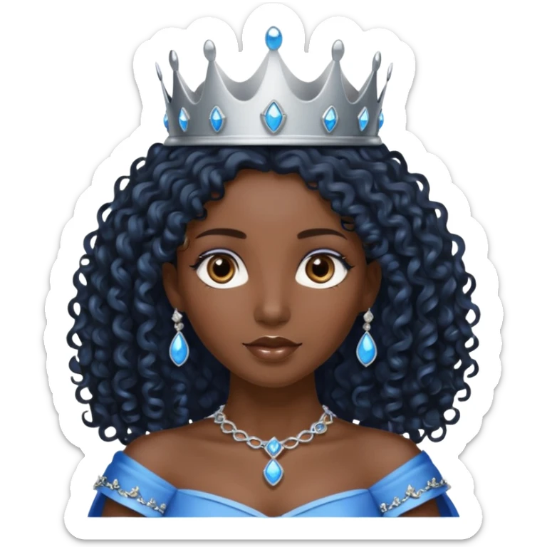 Por favor hazme el emoji de la princesa pero morena con el pelo negro y rizado y largo, los ojos marrones y la corona plateada con jollas azules sticker