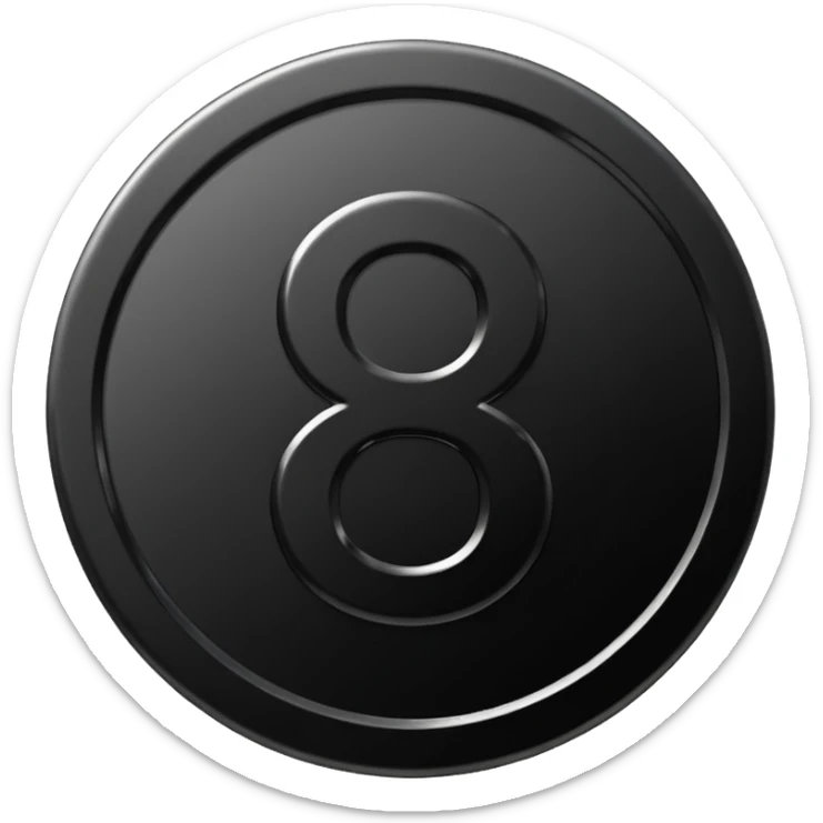 Emoji icon of a black coin with engraved number 8, minimalist style, isolated sticker