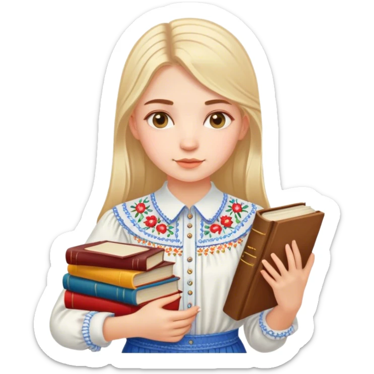 A Ukrainian girl in an embroidered shirt holds many books sticker
