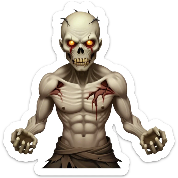 Cinematic Realistic WoW undead civilian Portrait, captured in a fierce, battle-ready stance, muscles taut beneath his tattered, earth-toned attire. His decayed, pallid skin and glowing eyes are rendered with intense lifelike detail and dynamic lighting, high shine, embodying the raw, relentless fury of an undead civilian in the heat of combat. sticker