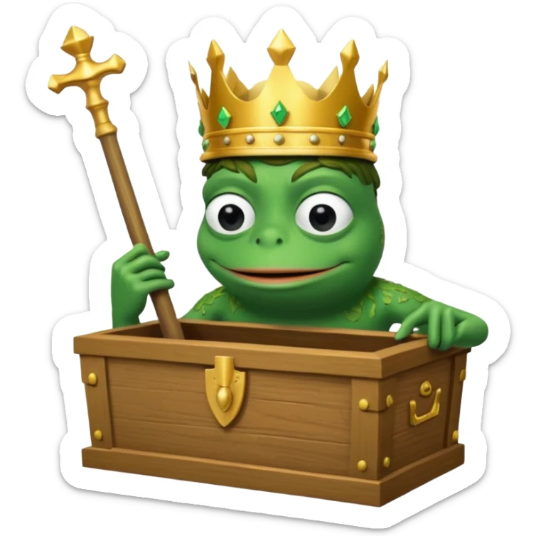 Emoji of an empty wooden coffin with its lid on top, the word ‘ECHO’ carved into the lid. The coffin is shown from the outside. A king-like Pepe the Frog, standing outside the coffin, is hammering nails into the lid to seal it shut. No character is inside the coffin. Not a treasure chest. sticker