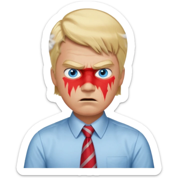 A guy with blonde hair and blue eyes that looks masculine. make him wear a shirt with a tie. he is danish. He is very angry with a red face and steam above his head sticker