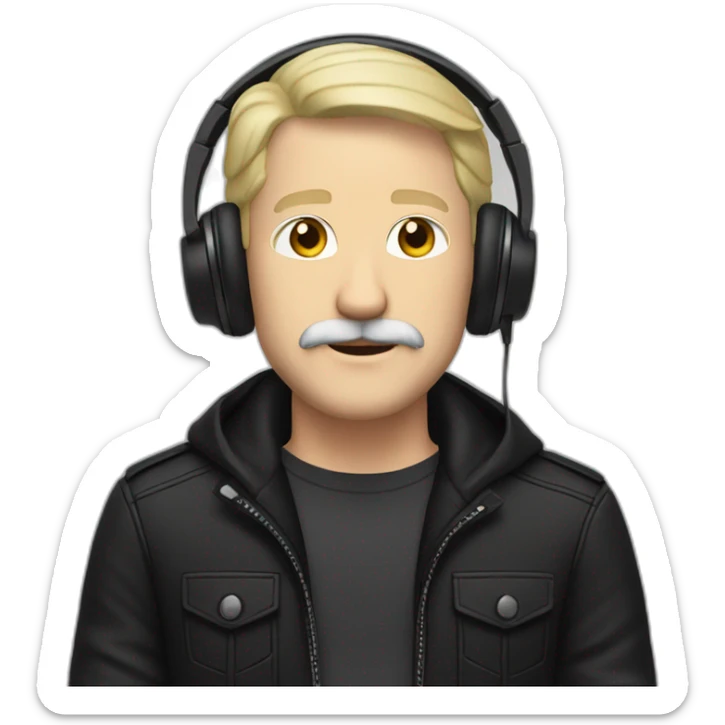 ADULT WHITE MAN BLONDE HAIR AND MUSTACHE USING A BLACK JACKET AND A HEADPHONE WITH A NEUTRAL FACE sticker