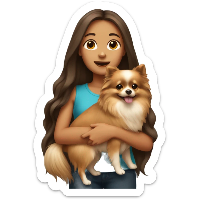 Girl with long brown hair holding a Pomeranian dog sticker
