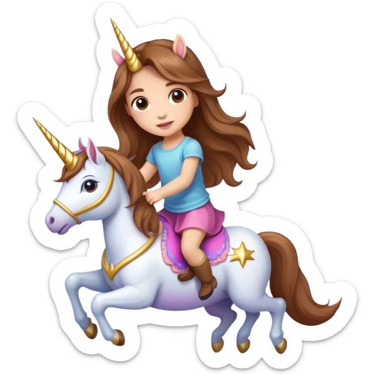 light-skinned little girl with long brown hair riding a unicorn sticker