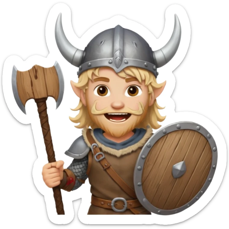 A young Viking warrior with messy hair, wooden shield, and fierce excited grin with horned helmet sticker