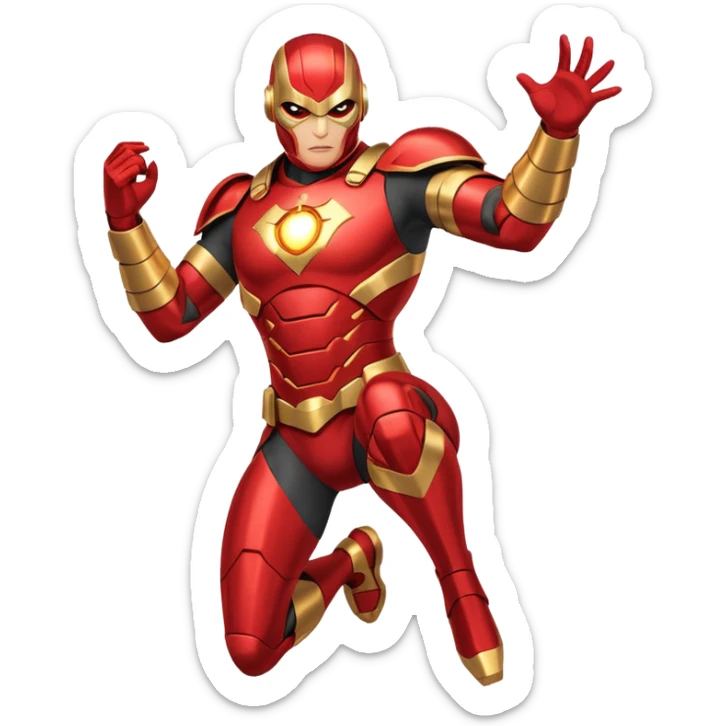 "A high-quality die-cut sticker of a tech-based armored superhero in a dynamic flying pose. Vibrant red and gold metallic plating, glowing circular chest piece, thick white border, flat vector art style, white background." sticker