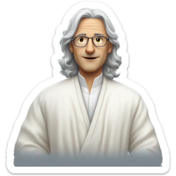 man with long grey hair and aviator glasses in long white robe giving peac sticker