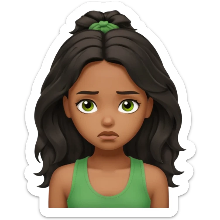 a pretty bratz brown girl with long wavy black color hair, brown eyes and green tank who is depressed and sad sticker