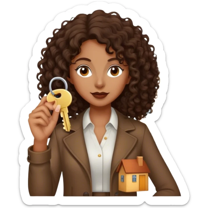 Dark brown lady with medium brown mid length curly hair in real estate job with house and keys sticker