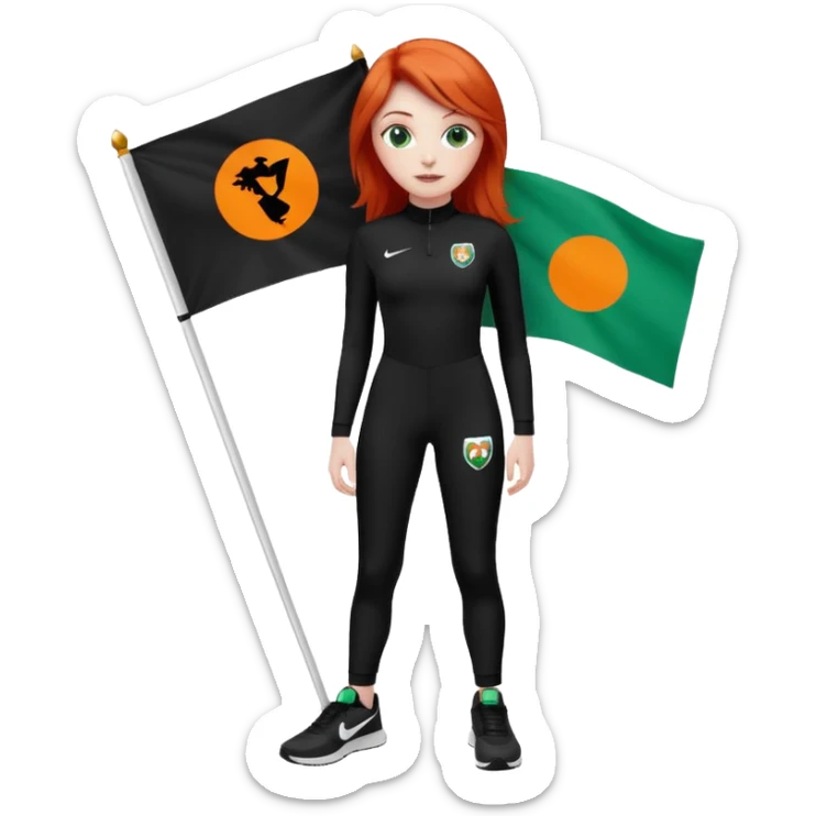 white girl wearing orange cameo trousers and along sleeve high neck black bodysuit with black and white Nike trainers. she has red hair and bluey green eyes and is holding flag with her logo on  sticker