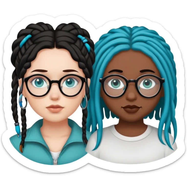 curvy fair skinned girl with teal eyes and black hair, a septum piercing, next to a brown skinned girl with blue dreads and and glasses   sticker