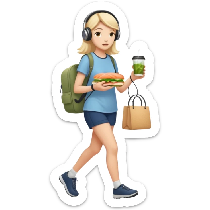 a young woman full length walks with headphones on with a salmon sandwich in one hand and herbal tea in the other hand sticker