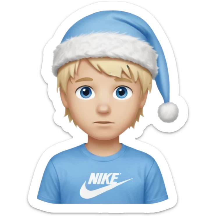 create boy blonde hair long messy, light eyes, white t shirt, rich, long hair, eyes blue, acessory head cristimas blue hat, long hair, t shirt nike sticker