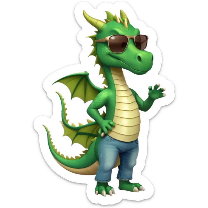 friendly anthropomorphised green dragon in a sports t-shirt and jeans with dark sunglasses walking upright, relaxed pose sticker