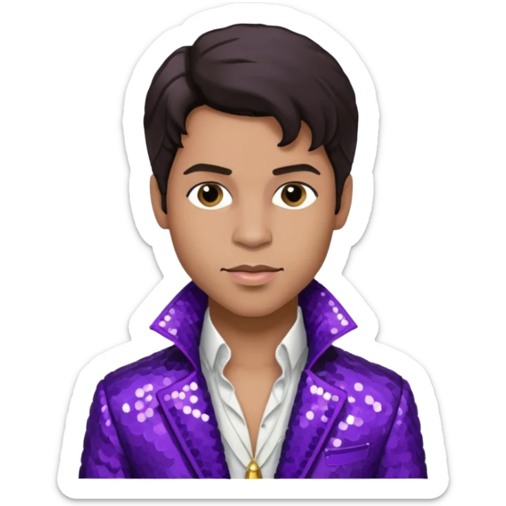 Prince Rogers Nelson with dark brown hair, purple sequin jacket, white shirt sticker