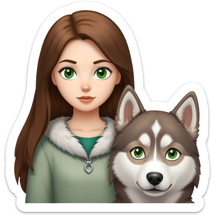 Girl with Green eyes and Brown long hair with husky white and grey  sticker