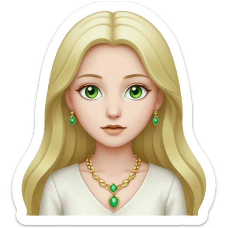 girl with very pale skin, green eyes, long dark blonde hair, white outfit, gold jewelry sticker