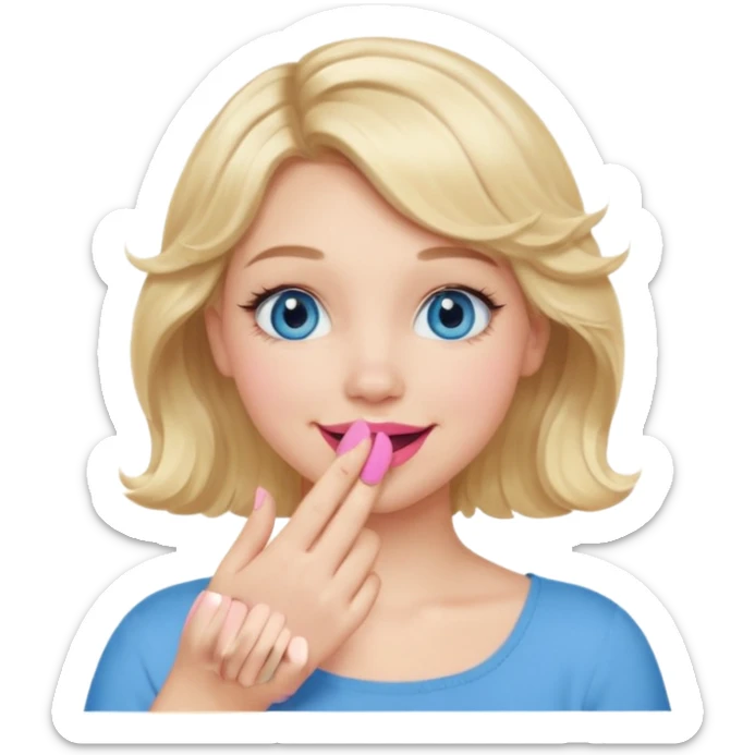 Girl Blonde short wavy hair,  blue eyes, cute blue top, long lashes, pink lips, smiling, hand covering the mouth sticker