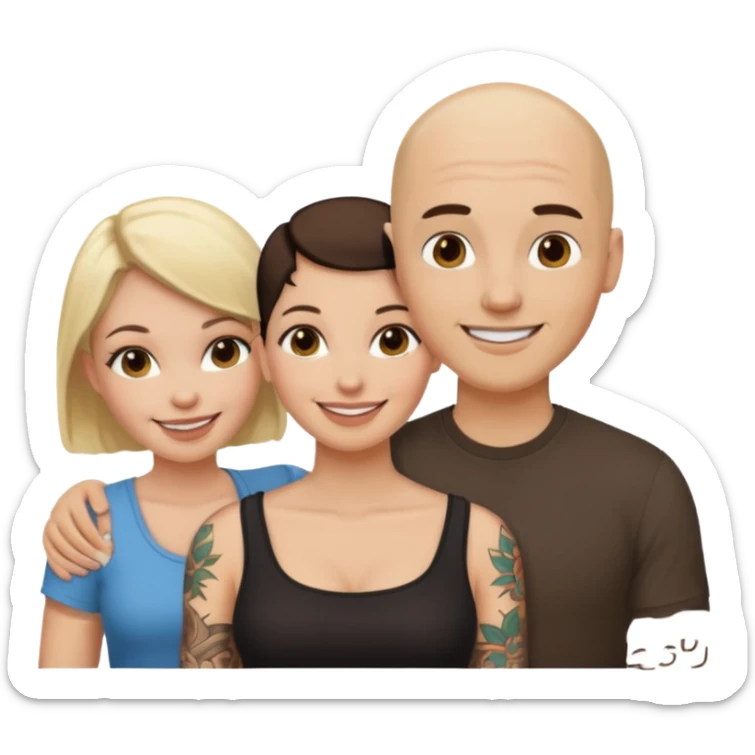 throuple blonde female brunette females bald tattoed male sticker