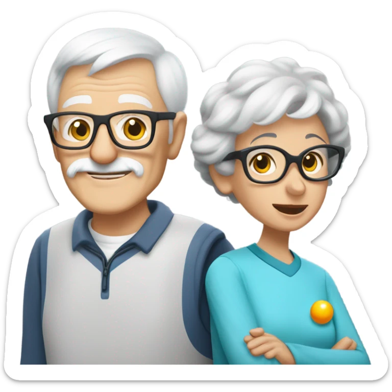 A small grandma with short grey hair and glasses, and a thin grandpa with a short white beard and glasses, playing pickle ball with a small black and white schnauzer sticker