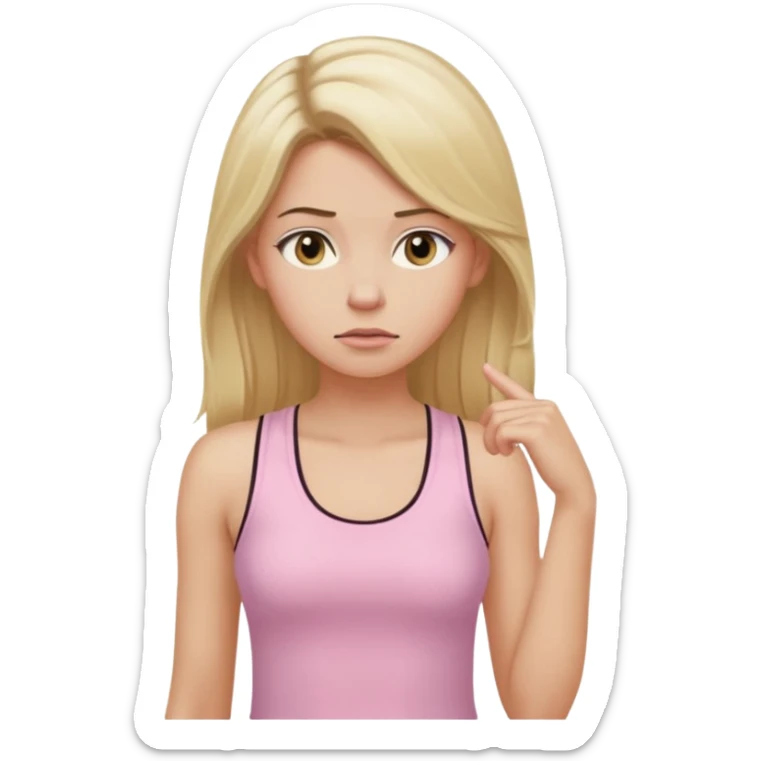 Create a young woman with long blonde hair, golden eyes, and medium-light skin tone, wearing a light pink tank top and leggings. She should be in portrait mode, but with a subtle doubting facial expression—slightly raised eyebrow, small frown, .  and her hand next to her chin likethinking face emoji sticker