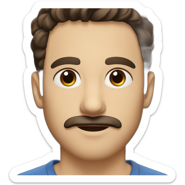 A young Caucasian man with dark brown, almond-shaped eyes, short dark brown hair, and a small dark brown beard with a more prominent mustache. sticker