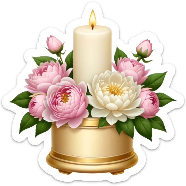 An elegant ivory candle in a golden holder, surrounded by a lush bouquet of soft pink roses, white peonies, and blush dahlias, flickering gently in the dim candlelight. sticker
