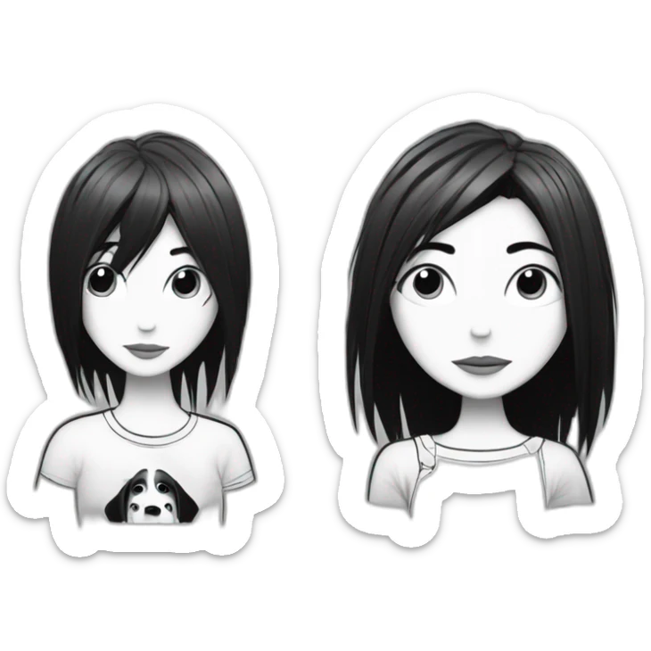a dog and a girl with black spiky hair looking at each other in style of ((sarah andersen)), black and white sticker