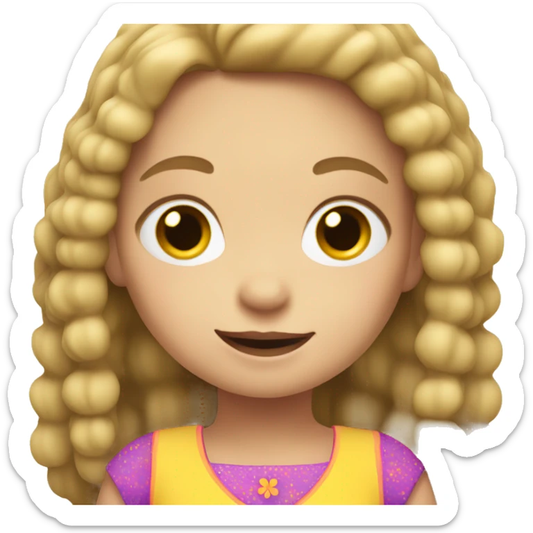 Emoji of a small white girl, 5 years old, with straight dark blonde hair. She has a cheerful expression and is wearing a colorful dress sticker