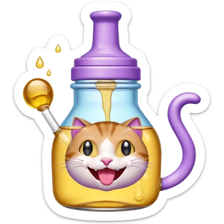 Smiling bottle of oil light purple top and light blue sticking tongue out and with cat ears sticker