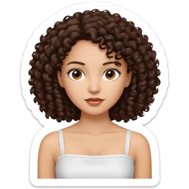 Woman with light skin and dark brown eyes and dark brown curly hair and white tube top sticker