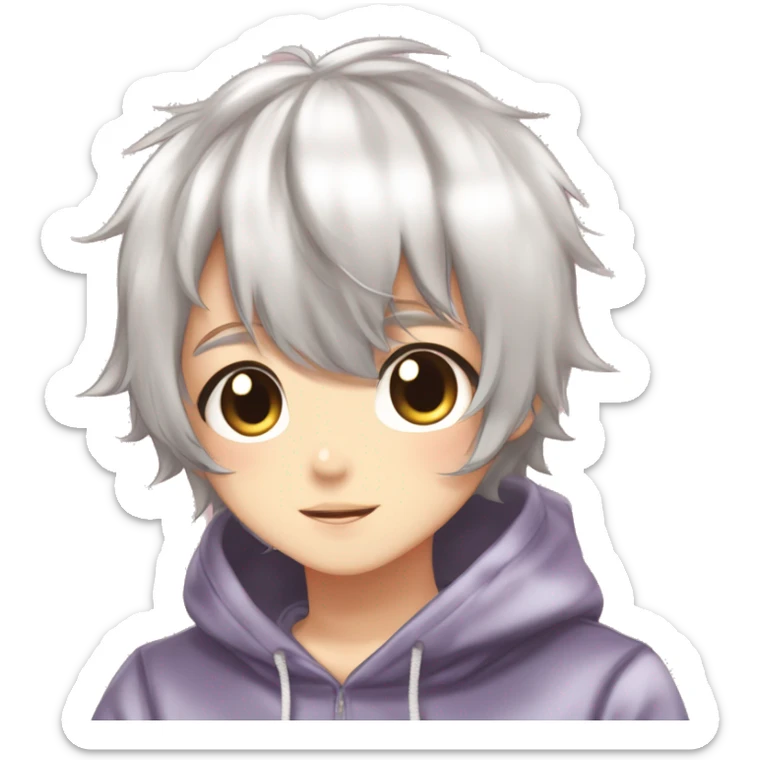 Cute Kawaii Beautiful Gorgeous Sparkly Shiny Blushing Anime Style Romantic Shojo Catboy Man Guy Femboy With Pretty Hair And Hoodie Trendy Style Outside sticker