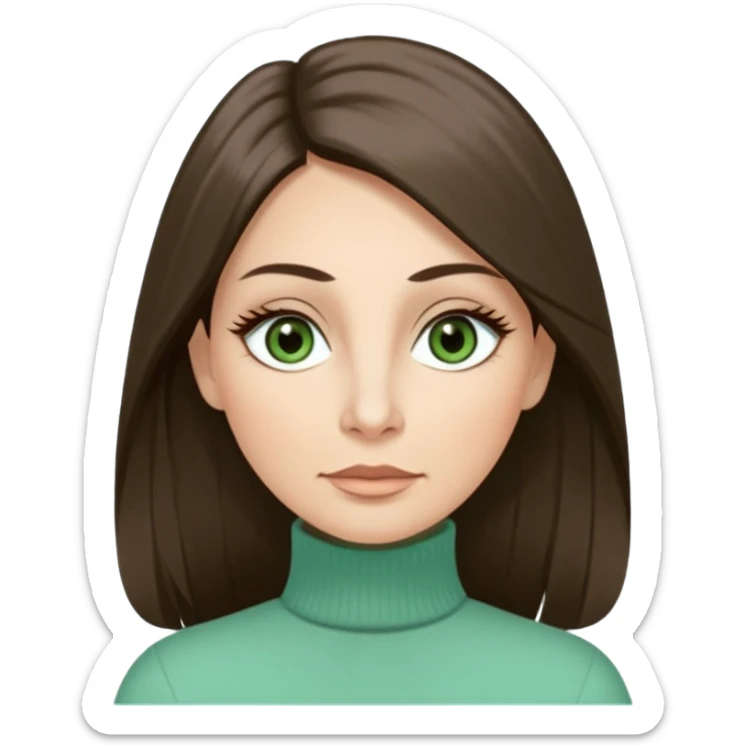 43 year old Adult woman avatar, light skin tone, long, oval face, long straight ashy brown hair, green almond-shaped eyes with dramatic eyelashes and minimal eyeliner, neutral mouth, medium straight eyebrows, average nose, smooth skin,  mint green turtle neck  sticker