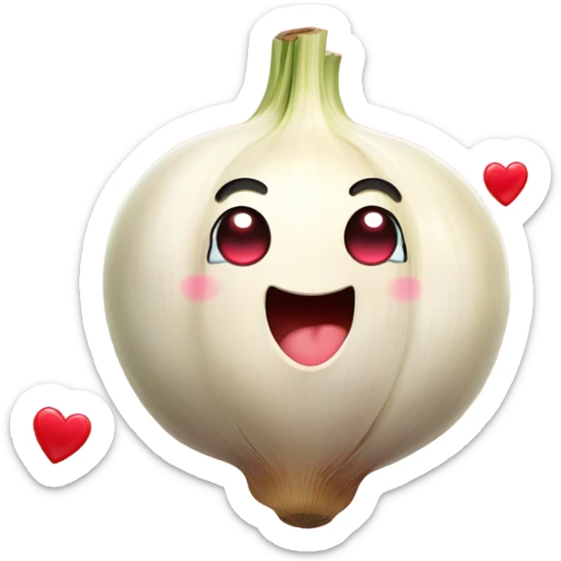 n emoji of a cute garlic clove and a smiling onion looking at each other with love. They have big, adorable eyes and rosy cheeks. Small red hearts float around them, and they appear to be blushing, creating a romantic and funny atmosphere. sticker