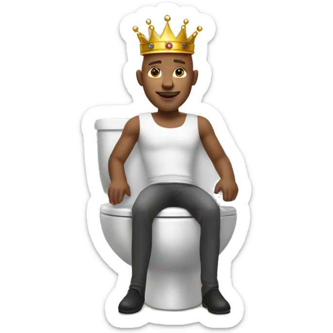 bald guy with a crown, sitting the toilet in the bathroom like a king on his throne. sticker